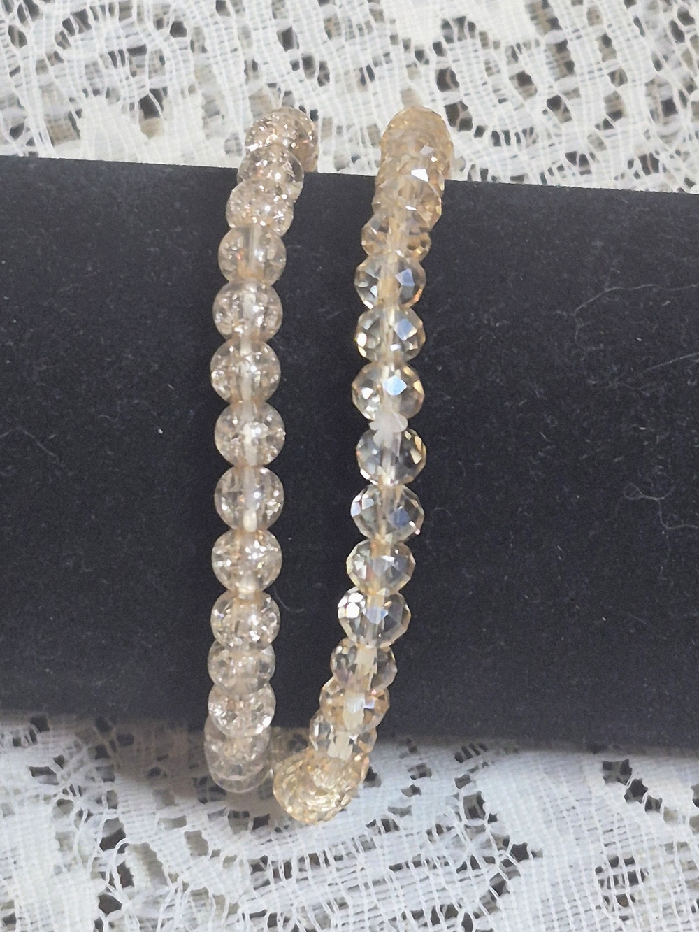 Champagne Crystal & Crackle Bead Stretch Bracelet Duo Set (6.5"-7.25")